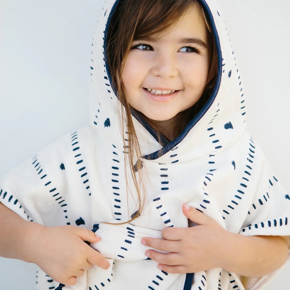 White and Blue Hooded Poncho for Kids